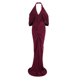 Aurohaya Eléa Red Cold Shoulder Draped Maxi Dress