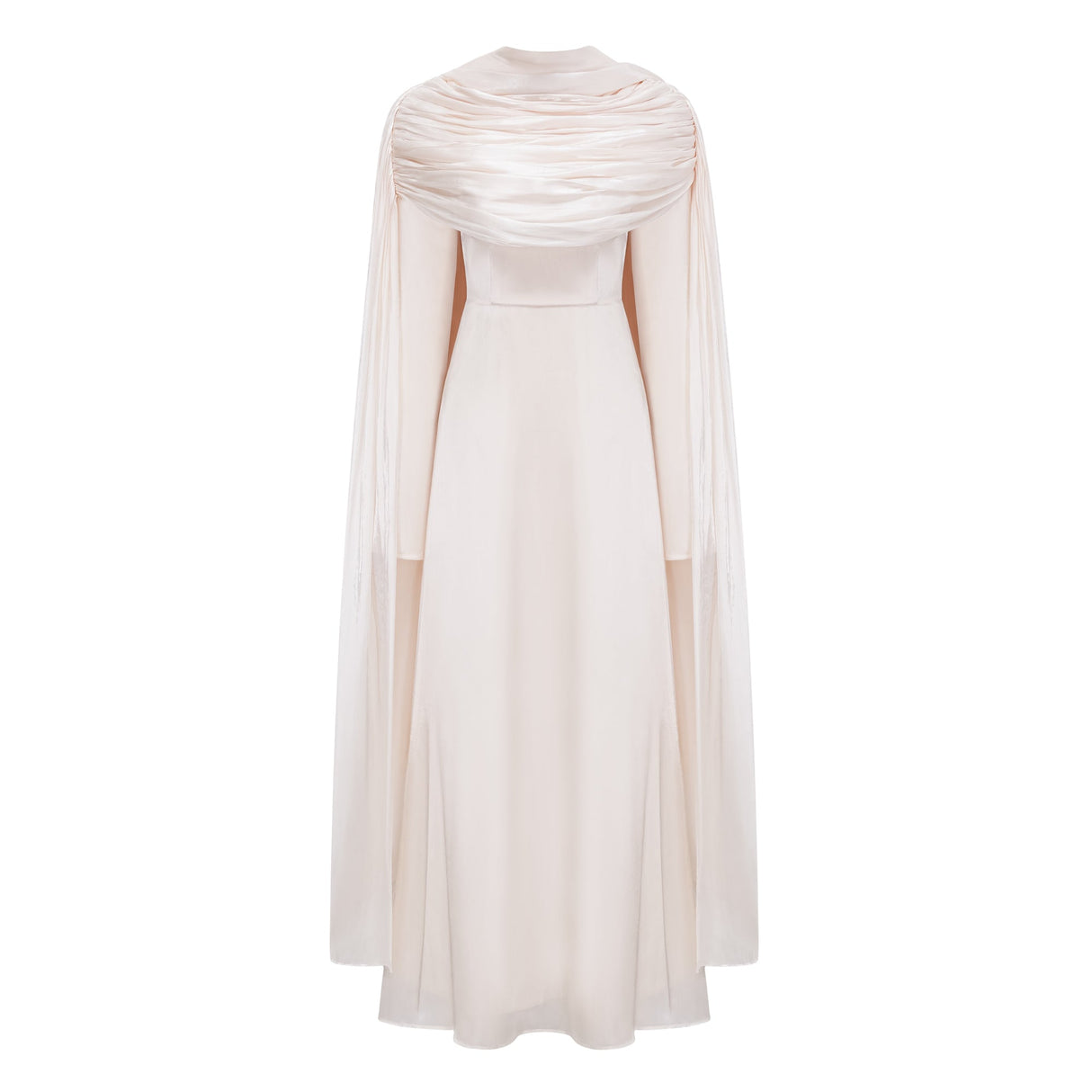 Aurohaya Hege Cream Glossy Ruched Cape Maxi Dress