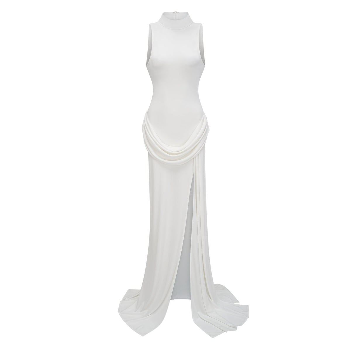 Aurohaya Mystérieuse White Turtleneck Draped Maxi Dress