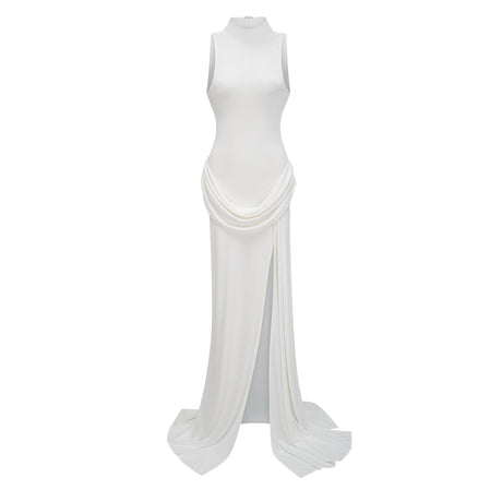 Aurohaya Mystérieuse White Turtleneck Draped Maxi Dress