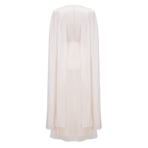 Aurohaya Hege Cream Glossy Ruched Cape Maxi Dress