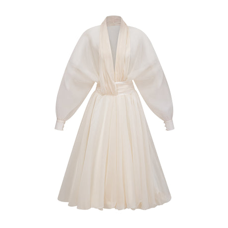 Aurohaya Riley Cream White Draped Tulle Maxi Dress