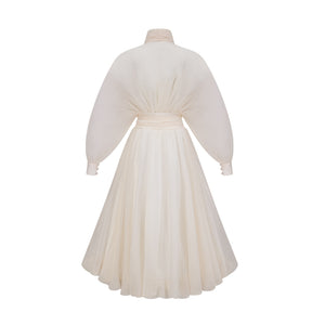 Aurohaya Riley Cream White Draped Tulle Maxi Dress