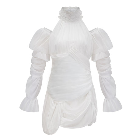 Aurohaya Déotille White Asymmetrical Ruched Mini Dress