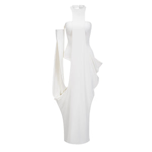 Aurohaya Elowen White Halter Neck Draped Maxi Dress