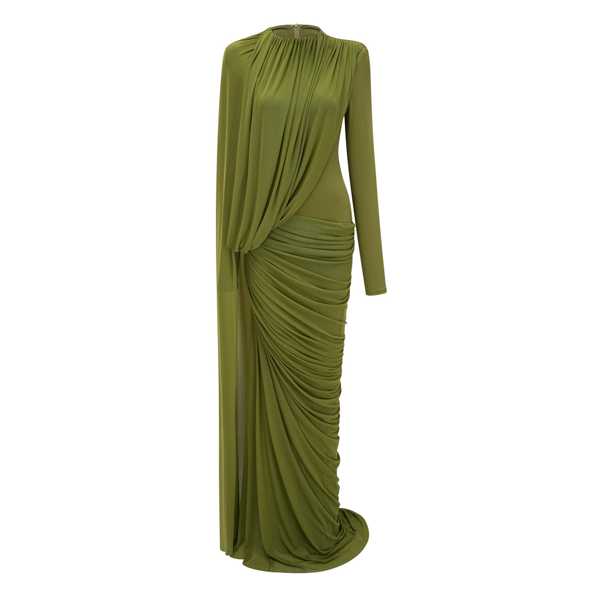 Aurohaya Emilia Green Asymmetrical Ribbon Draped Maxi Dress