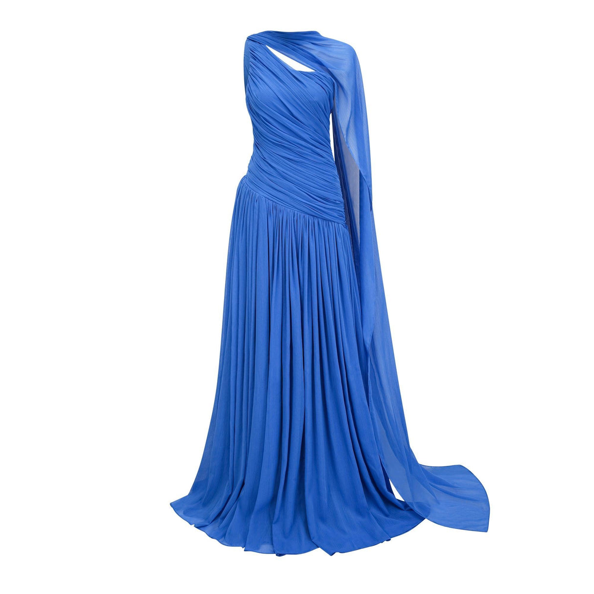 Aurohaya Faustine Blue Cape Design Ruched Maxi Dress Blue