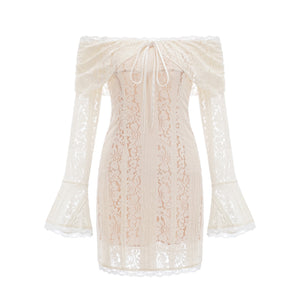 Aurohaya Émeline floral lace flared-cuff mini dress in Neutrals