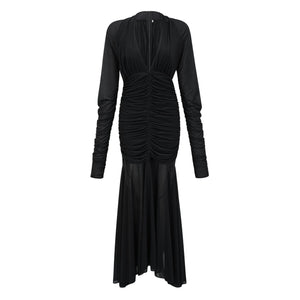 Aurohaya Greta Black Ruched Sheer Mesh Maxi Dress