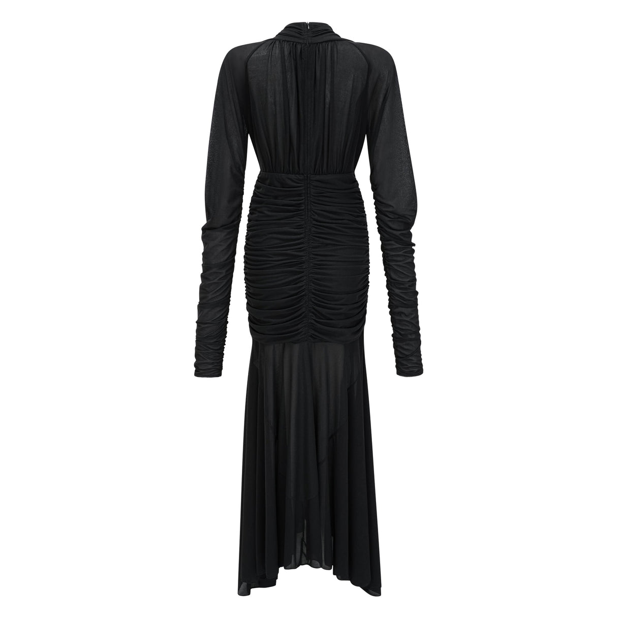 Aurohaya Greta Black Ruched Sheer Mesh Maxi Dress