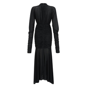 Aurohaya Greta Black Ruched Sheer Mesh Maxi Dress