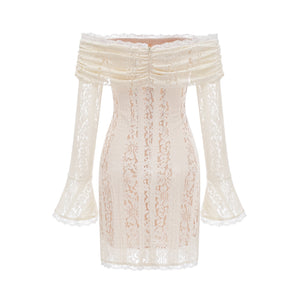 Aurohaya Émeline floral lace flared-cuff mini dress in Neutrals