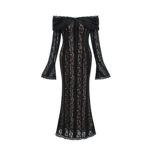Aurohaya Émeline floral lace flared-cuff midi dress in Black