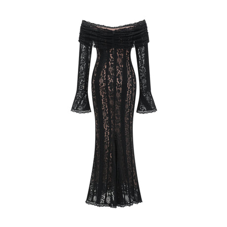 Aurohaya Émeline floral lace flared-cuff midi dress in Black