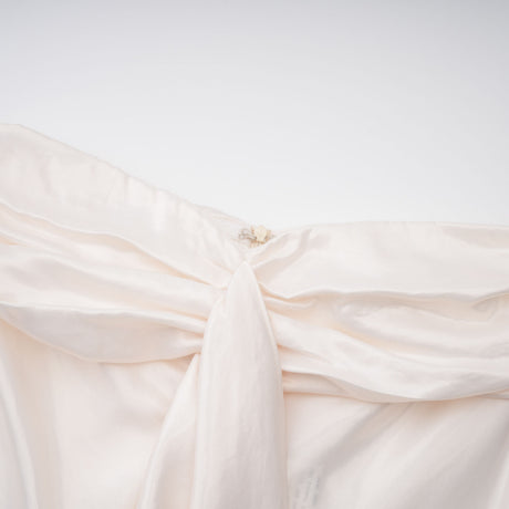 Aurohaya Lilla Beige Strapless Ruffled Satin Maxi Dress