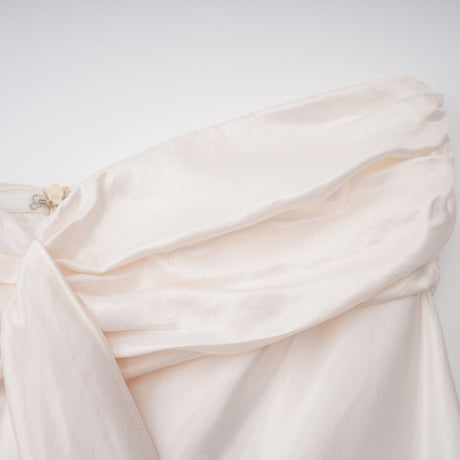 Aurohaya Lilla Beige Strapless Ruffled Satin Maxi Dress