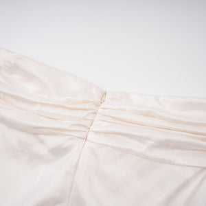 Aurohaya Lilla Beige Strapless Ruffled Satin Maxi Dress