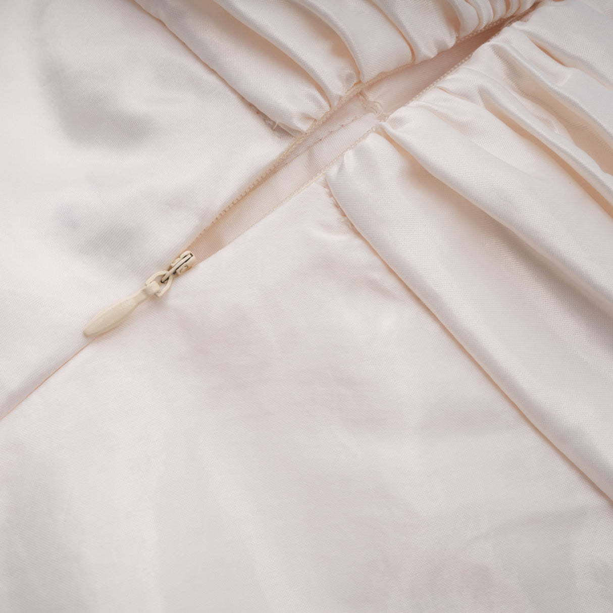 Aurohaya Lilla Beige Strapless Ruffled Satin Maxi Dress
