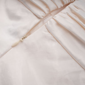 Aurohaya Lilla Beige Strapless Ruffled Satin Maxi Dress