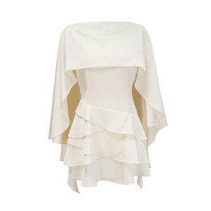 Aurohaya Lyna White Satin Ruffled Mini Dress with Shawl Panel Detail