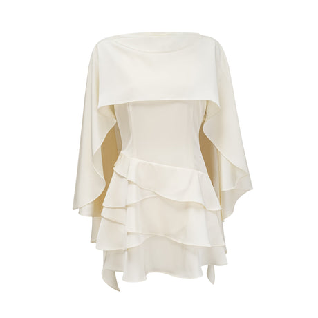 Aurohaya Lyna White Satin Ruffled Mini Dress with Shawl Panel Detail