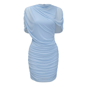 Aurohaya Sylphe Baby-Blue Asymmetrical Pleated Sleeveless Mini Dress