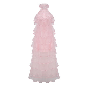 Aurohaya Nonchalante Pink Tiered Halterneck Maxi Dress
