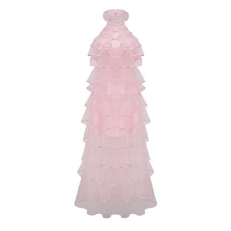 Aurohaya Nonchalante Pink Tiered Halterneck Maxi Dress
