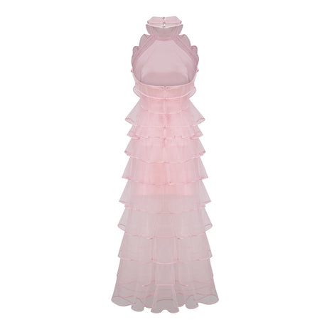 Aurohaya Nonchalante Pink Tiered Halterneck Maxi Dress