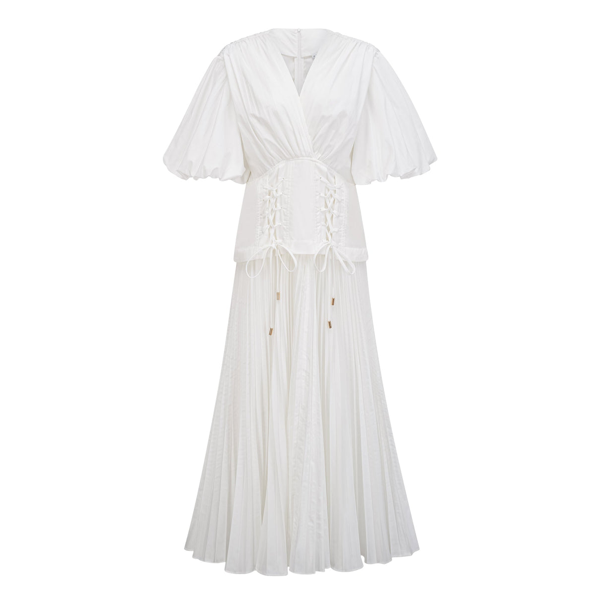Aurohaya Vienne White Lace-Up Pleated Maxi Dress