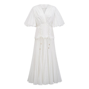 Aurohaya Vienne White Lace-Up Pleated Maxi Dress