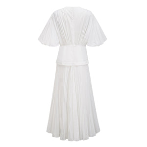 Aurohaya Vienne White Lace-Up Pleated Maxi Dress