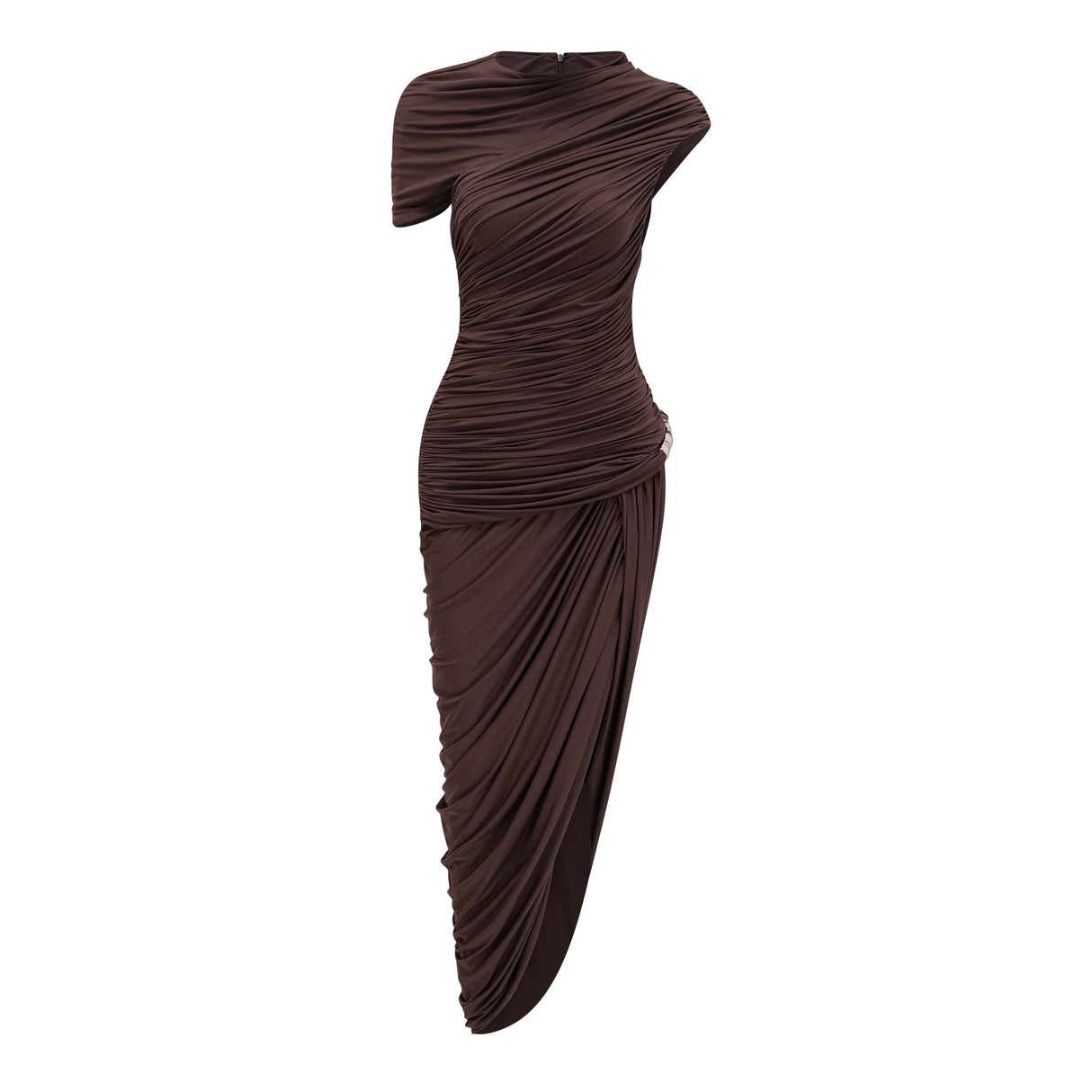 Aurohaya Prune Brown Night Out Asymmetrical Ruched Midi Dress