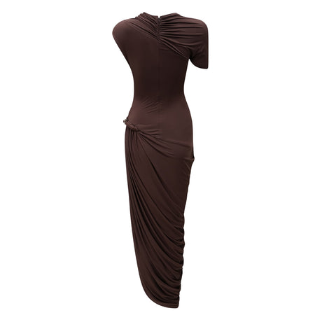Aurohaya Prune Brown Night Out Asymmetrical Ruched Midi Dress