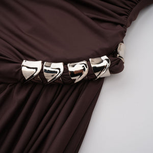 Aurohaya Prune Brown Night Out Asymmetrical Ruched Midi Dress
