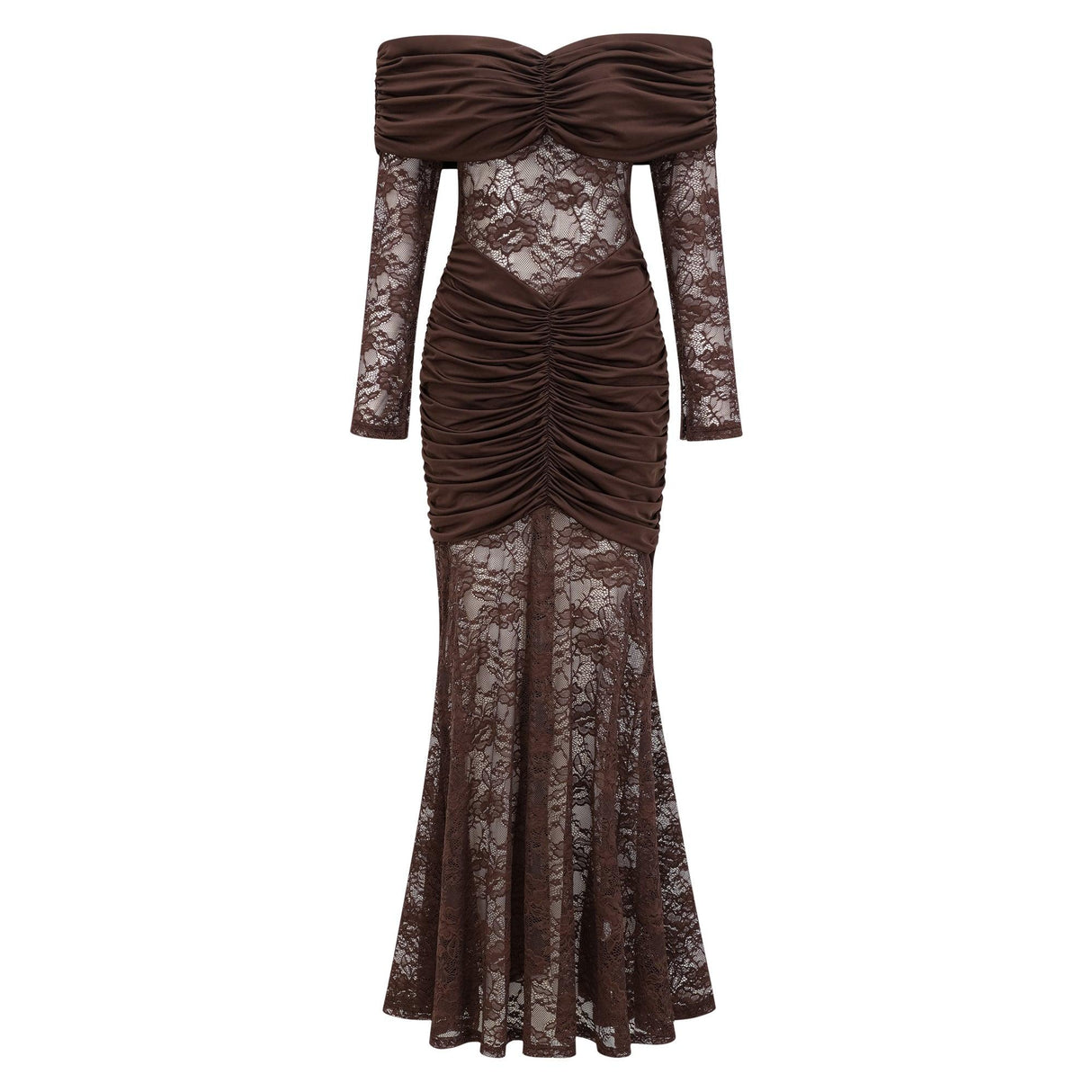 Aurohaya Brigitte Brown Lace Panel Ruched Maxi Dress