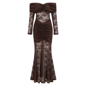 Aurohaya Brigitte Brown Lace Panel Ruched Maxi Dress