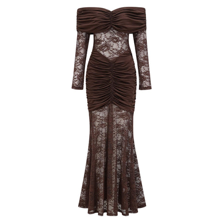 Aurohaya Brigitte Brown Lace Panel Ruched Maxi Dress