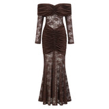 Brigitte Brown Lace Panel Ruched Maxi Dress
