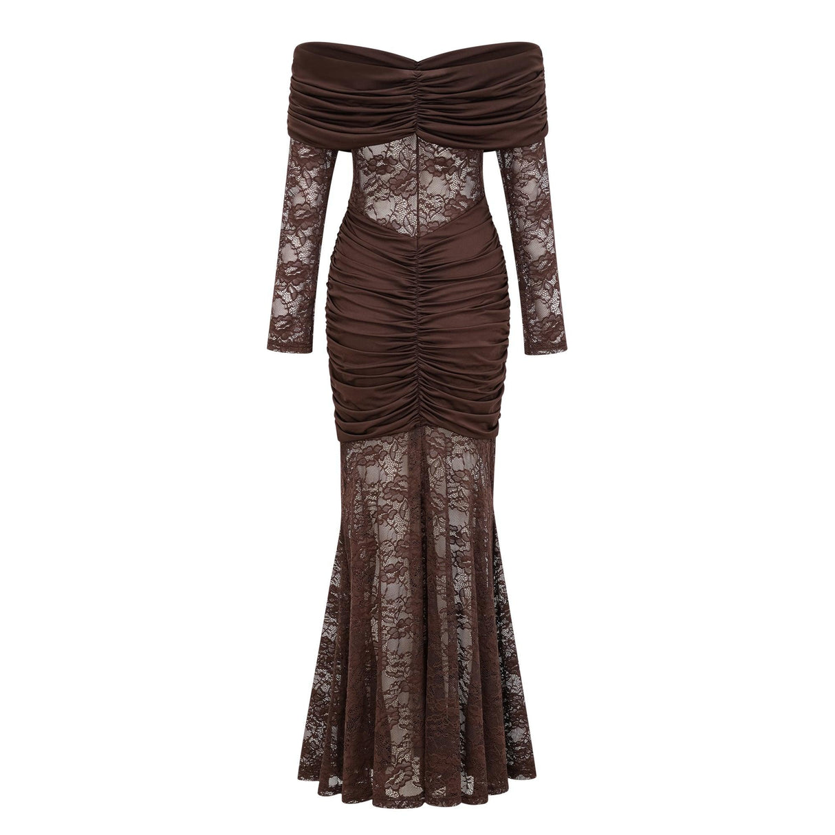 Aurohaya Brigitte Brown Lace Panel Ruched Maxi Dress