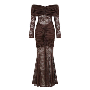 Aurohaya Brigitte Brown Lace Panel Ruched Maxi Dress