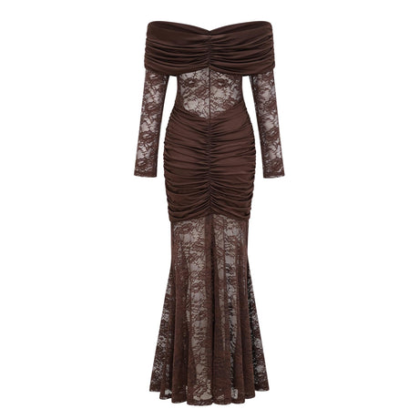 Aurohaya Brigitte Brown Lace Panel Ruched Maxi Dress