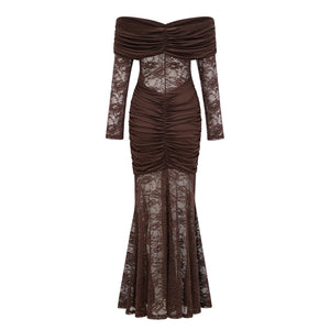 Aurohaya Brigitte Brown Lace Panel Ruched Maxi Dress