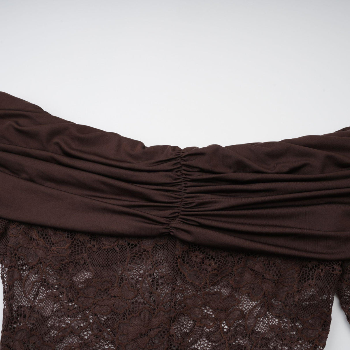 Aurohaya Brigitte Brown Lace Panel Ruched Maxi Dress