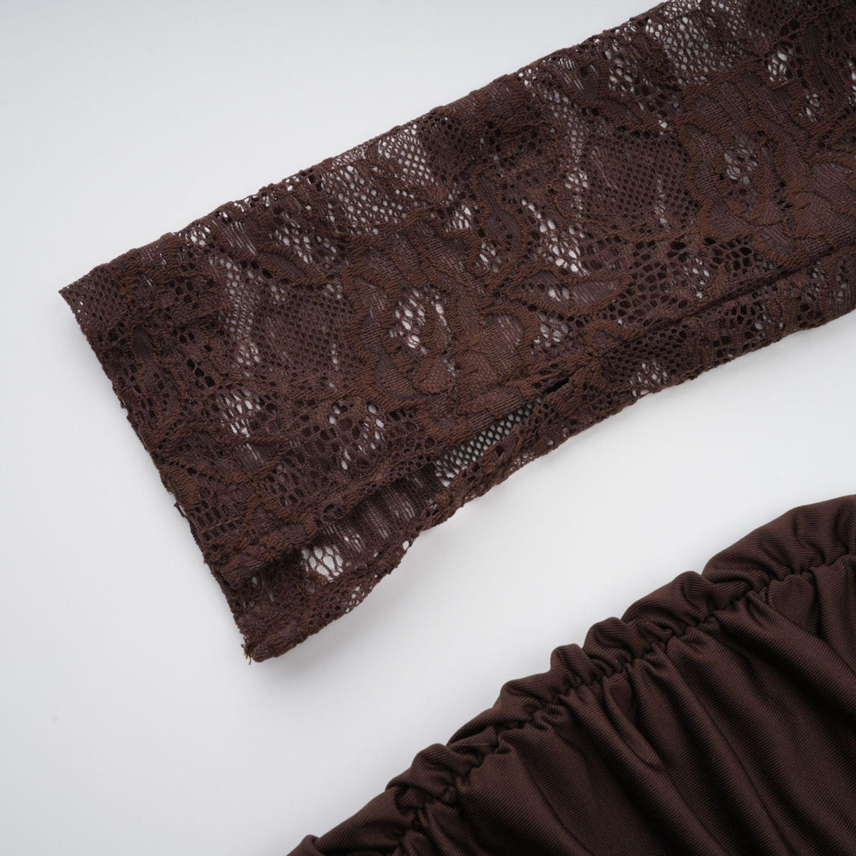 Aurohaya Brigitte Brown Lace Panel Ruched Maxi Dress