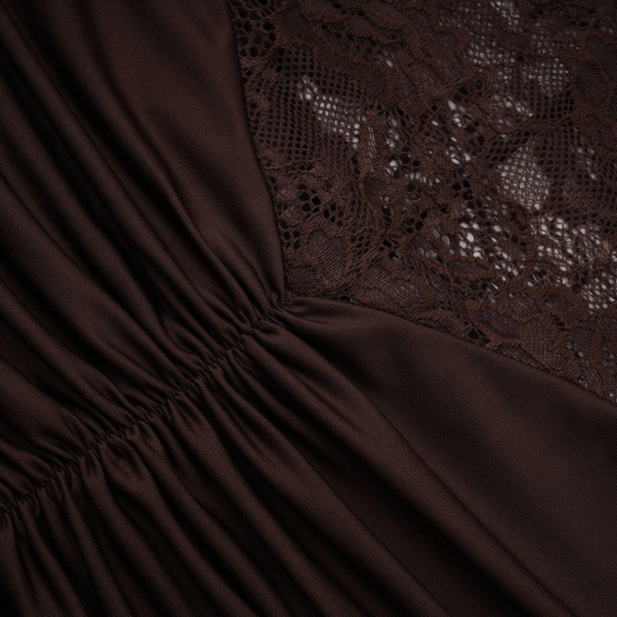 Aurohaya Brigitte Brown Lace Panel Ruched Maxi Dress