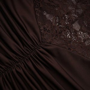 Aurohaya Brigitte Brown Lace Panel Ruched Maxi Dress