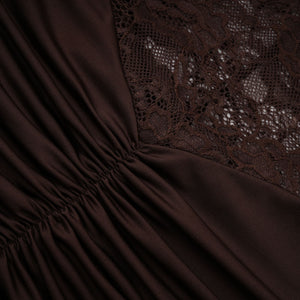 Aurohaya Brigitte Brown Lace Panel Ruched Maxi Dress