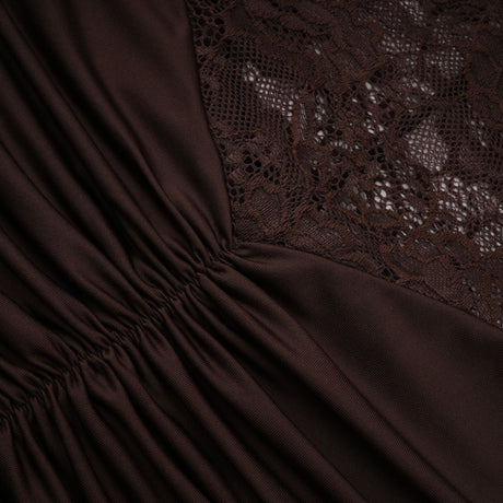 Aurohaya Brigitte Brown Lace Panel Ruched Maxi Dress