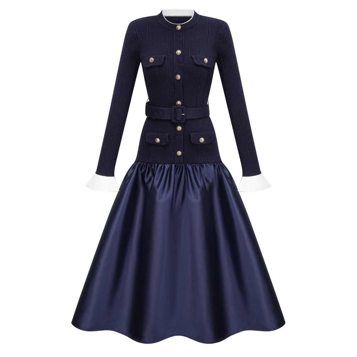 Aurohaya Fern Navy Blue Satin Panel Knit Midi Dress